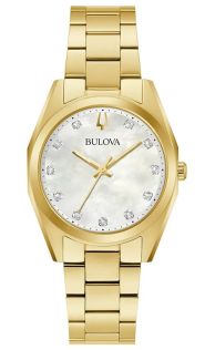 Elegant dameshorloge van Bulova met parelmoer wijzerplaat en 11 diamanten in goudkleurig staal - Surveyor Collection | 97P172