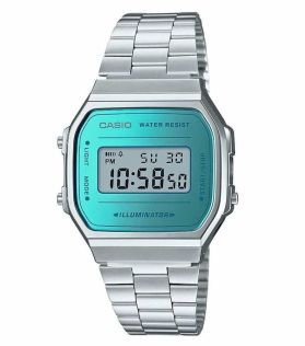 Vintage digitale horloge met blauw metalen display | A168WEM-2EF