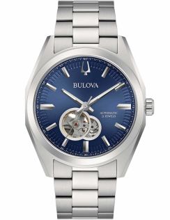 Bulova Surveyor automatisch herenhorloge met blauwe wijzerplaat en zichtbaar uurwerk | 96A275