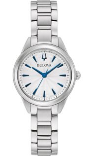 Bulova Sutton dameshorloge met zilverwitte wijzerplaat en blauwe uurmarkeringen | 96L285
