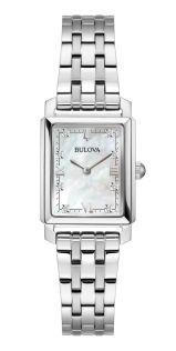 Elegant rechthoekig dameshorloge van Bulova met parelmoer wijzerplaat en diamanten in staal - Sutton Collection | 96P244