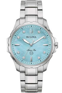 Elegant dameshorloge van Bulova met diamanten en blauwe parelmoer wijzerplaat in roestvrij staal - Marine Star Collection | 96P248