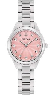 Elegant dameshorloge van Bulova met roze wijzerplaat en 11 diamanten in roestvrij staal - Sutton Collection | 96P249