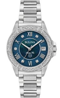 Bulova Marine Star dameshorloge met blauwe parelmoer wijzerplaat en echte diamanten | 96R215