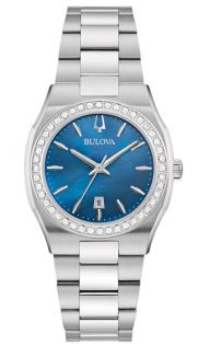 Elegant dameshorloge van Bulova met blauwe parelmoer wijzerplaat en met diamanten bezette bezel in roestvrij staal - Surveyor Collection | 96R246