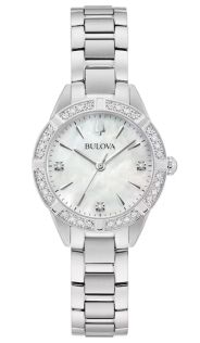 Elegant dameshorloge van Bulova met parelmoer wijzerplaat en 19 diamanten in roestvrij staal - Sutton Collection | 96R253