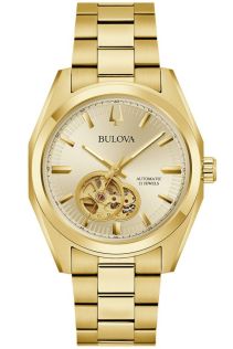 Elegant automatisch herenhorloge van Bulova met open wijzerplaat en goudkleurige afwerking - Surveyor Collection | 97A182