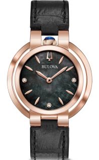 Bulova Rubaiyat dameshorloge met zwarte parelmoer wijzerplaat, diamanten en roségouden kast | 97P139