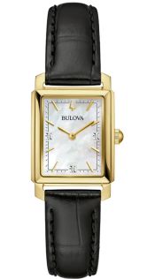 Elegant rechthoekig dameshorloge van Bulova met parelmoer wijzerplaat en diamanten in goudkleurig staal - Sutton Collection | 97P166