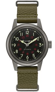 Bulova Hack Watch automatisch militair horloge met 24-uurs weergave en groene leren band | 98A255