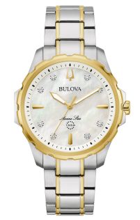 Elegant dameshorloge van Bulova met parelmoer wijzerplaat en diamanten in tweekleurig staal - Marine Star Collection | 98P227