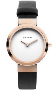 Minimalistisch Aistrup dameshorloge met een zuiver witte wijzerplaat, rosé afwerking en zwarte leren band voor de moderne vrouw | AIW7606