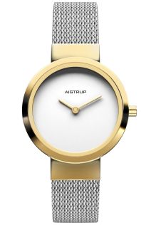 Minimalistisch dameshorloge met witte wijzerplaat, gouden afwerking en mesh stalen band in tweedelig ontwerp | AIW7614