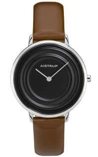 Exclusieve zwarte dameshorloge met waterringeffect en bruine leren band uit de Aistrup Raindrop collectie | AIW7720