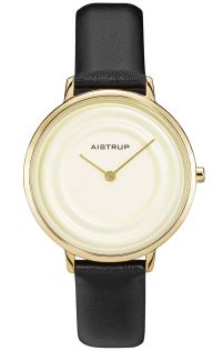 Exclusieve dameshorloge met crèmewitte waterringeffect en gouden afwerking uit de Aistrup Raindrop collectie met zwarte leren band | AIW7712