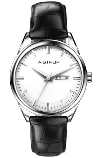 Elegant herenhorloge met witte wijzerplaat, dag- en datumaanduiding en zwarte leren band met krokodillenstructuur | AIW7802