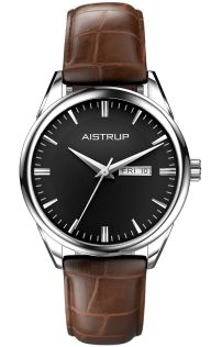 Sofisticated herenhorloge met zwarte wijzerplaat, dag- en datumweergave en bruine leren band in elegante krokodillentextuur | AIW7803