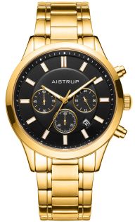 Luxe herenhorloge met zwarte wijzerplaat en chronograaf functie in gouden afwerking met bijpassende goudkleurige stalen band | AIW8004