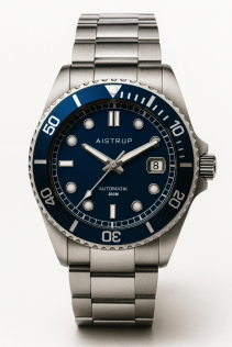 Professioneel automatisch duikhorloge met blauwe wijzerplaat, 200M waterdichtheid en robuuste stalen band uit de Aistrup Automatik collectie | AIW8301