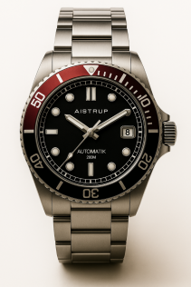 Stijlvolle automatische duikhorloge met zwarte wijzerplaat, rode bezel en 200 meter waterdichtheid van professionele kwaliteit | AIW8302