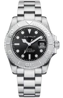 Aistrup herenhorloge met zwarte wijzerplaat, draaibare lunette en stalen band | AIW8801