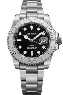 Aistrup herenhorloge met zwarte wijzerplaat, draaibare lunette en stalen band | AIW8801