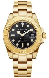Aistrup luxe herenhorloge met zwarte wijzerplaat, goudkleurige draaibare lunette en goudkleurige stalen band | AIW8803