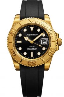 Aistrup sportief herenhorloge met zwarte wijzerplaat, goudkleurige draaibare lunette en zwarte rubberen band | AIW8804