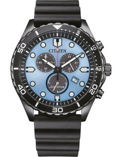 Citizen Eco-Drive chronograaf in zwart staal met H500 uurwerk en blauwe wijzerplaat | AT2567-18L