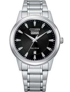 Citizen Eco-Drive herenhorloge in staal met dag/datum | Zwarte sunburst wijzerplaat | AW0100-86E