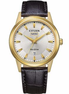 Citizen Eco-Drive herenhorloge in goudkleurig staal | Zonnestraal wijzerplaat met dag/datum | AW0102-13A