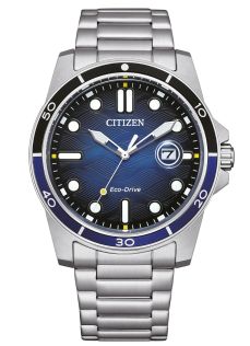 Citizen Eco-Drive herenhorloge in staal | Blauwe golf wijzerplaat met duikbezel | AW1810-85L