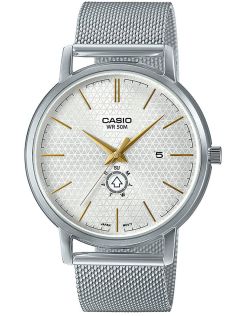 Geometrisch patroon zilveren mesh band horloge met dag-datum weergave | MTP-B125M-7AVEF