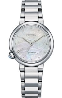Citizen Eco-drive dameshorloge met diamant en parelmoer | Elegant stalen horloge met edelstenen in de kroon en zes maanden gangreserve | EM0910-80D