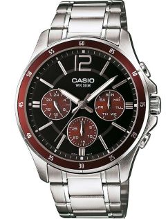 Neobrite zwarte Casio horloge met drievoudige sub-dials en luminieuze stalen chronograaf | MTP-1374PD-5AVEF