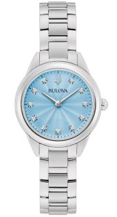 Elegant dameshorloge van Bulova met lichtblauwe wijzerplaat en 11 diamanten in roestvrij staal - Sutton Collection | 96P250