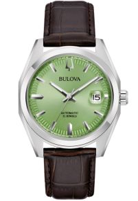 Elegant automatisch herenhorloge van Bulova met pistachegroene wijzerplaat en bruine leren band - Surveyor Collection | 96B427