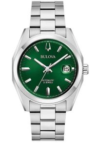 Elegant automatisch herenhorloge van Bulova met groene wijzerplaat en stalen band - Surveyor Collection | 96B429