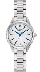 Bulova Sutton dameshorloge met zilverwitte wijzerplaat en blauwe uurmarkeringen | 96L285