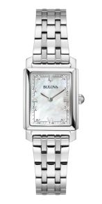 Elegant rechthoekig dameshorloge van Bulova met parelmoer wijzerplaat en diamanten in staal - Sutton Collection | 96P244