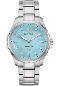 Elegant dameshorloge van Bulova met diamanten en blauwe parelmoer wijzerplaat in roestvrij staal - Marine Star Collection | 96P248