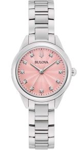 Elegant dameshorloge van Bulova met roze wijzerplaat en 11 diamanten in roestvrij staal - Sutton Collection | 96P249