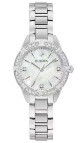 Elegant dameshorloge van Bulova met parelmoer wijzerplaat en 19 diamanten in roestvrij staal - Sutton Collection | 96R253