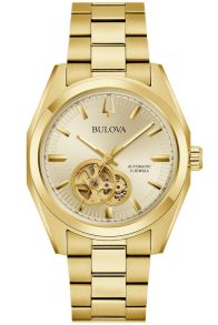 Elegant automatisch herenhorloge van Bulova met open wijzerplaat en goudkleurige afwerking - Surveyor Collection | 97A182