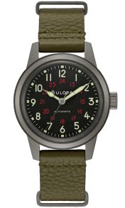 Bulova Hack Watch automatisch militair horloge met 24-uurs weergave en groene leren band | 98A255