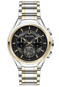Bulova CURV chronograaf herenhorloge met zwarte wijzerplaat en tweekleurige stalen band | 98A301