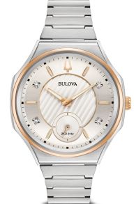 Bulova CURV dameshorloge met zilverkleurige wijzerplaat, diamanten en tweekleurige kast | 98P182
