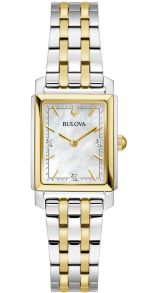 Elegant rechthoekig dameshorloge van Bulova met parelmoer wijzerplaat en diamanten in tweekleurig staal - Sutton Collection | 98P220