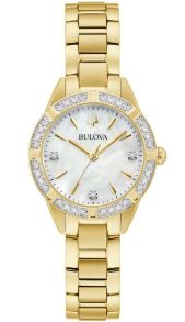 Elegant dameshorloge van Bulova met parelmoer wijzerplaat en 19 diamanten in goudkleurig staal - Sutton Collection | 98R297
