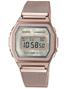 Vintage digitaal horloge met parelmoer en mesh band | A1000MCG-9EF